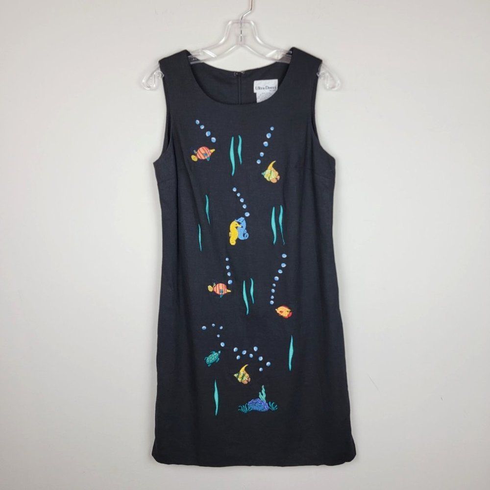 Vintage Ultra Dress Linen Sea World Embroidered Sleeveless Knee Length Dress S